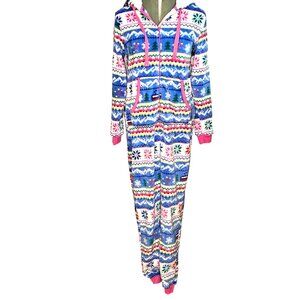 Woman's fair isle print cozycore soft one piece hooded zip up loungewear/pj  S